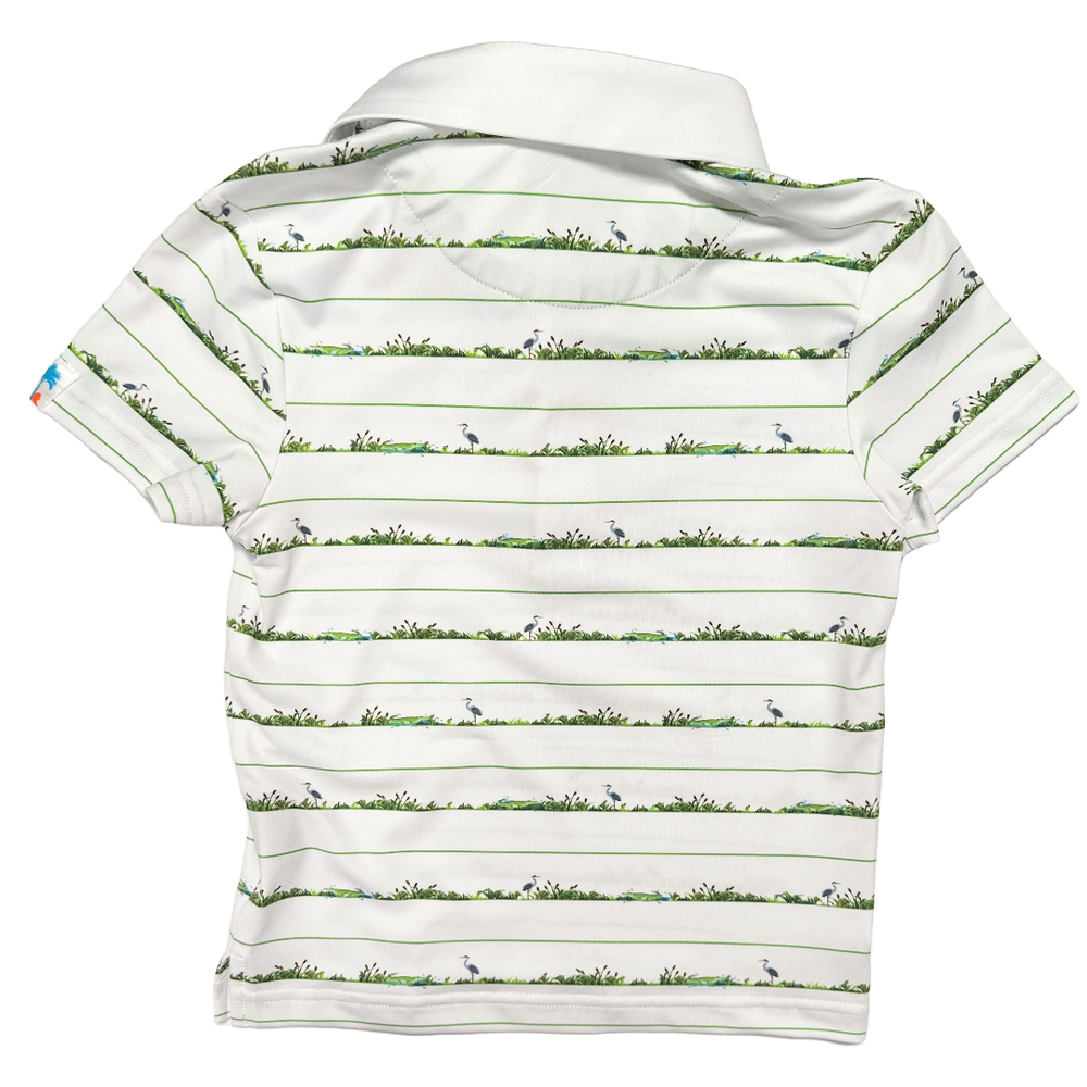 Junior golf polo with fun stripe alligator print